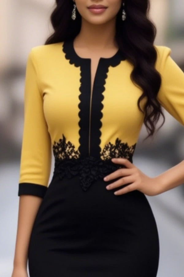Two-Tone Scalloped Neckline Midi Sheath Dress