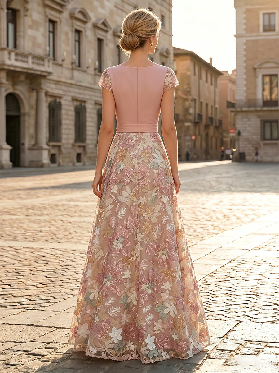 Floral Embroidery A-Line Evening Gown with Sash