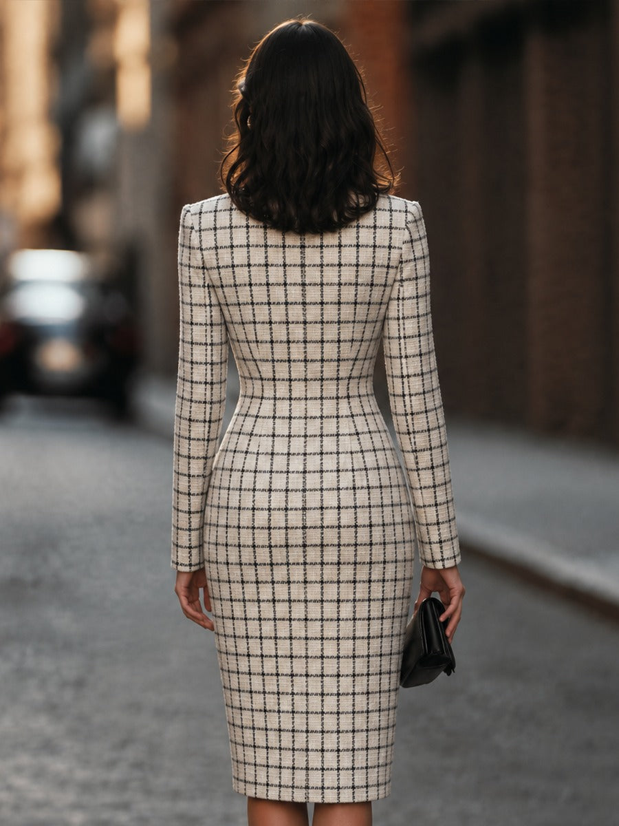 Plaid Button-Front Long Sleeve Midi Sheath Dress
