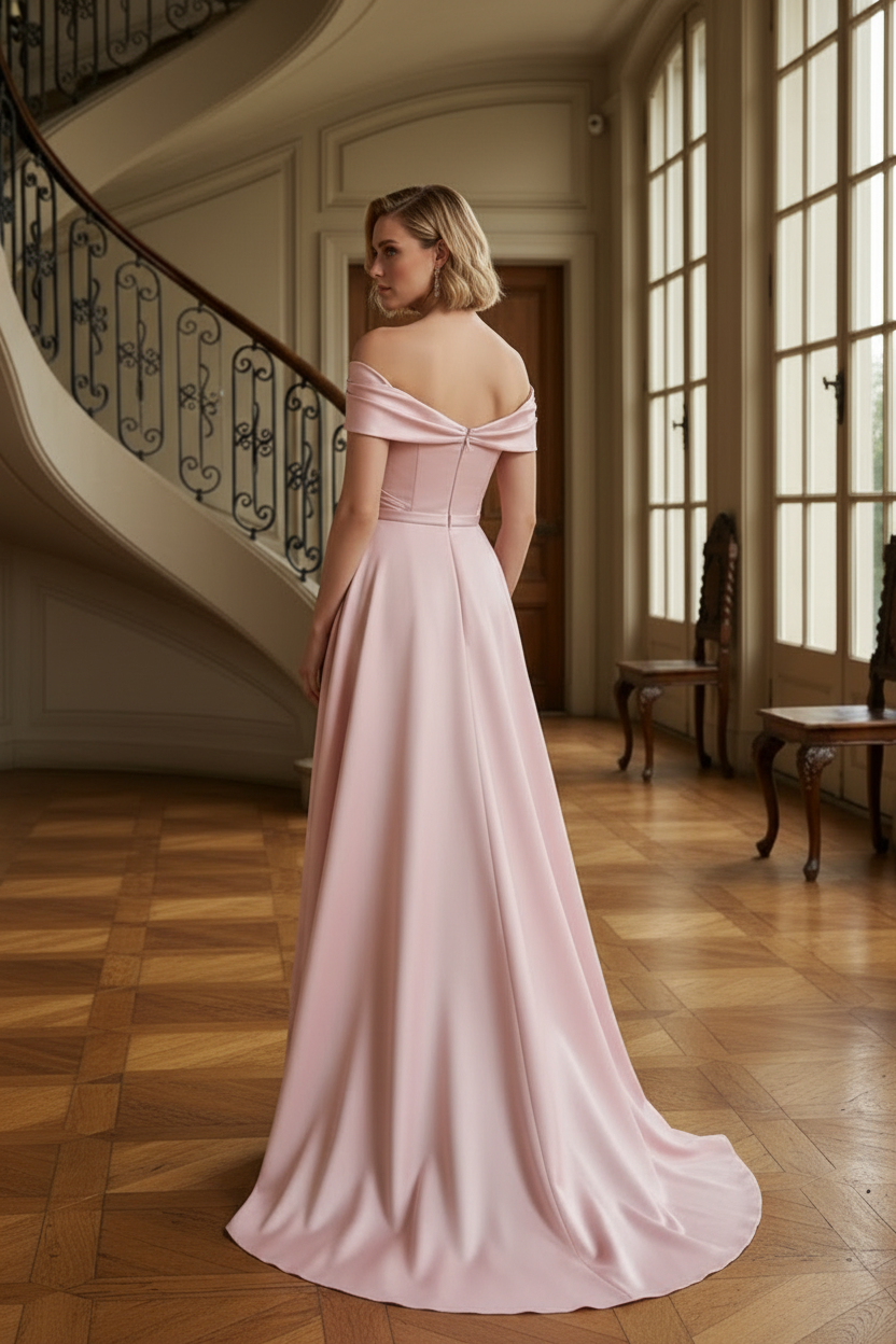 Off-the-Shoulder Satin Gown with Floral Overskirt