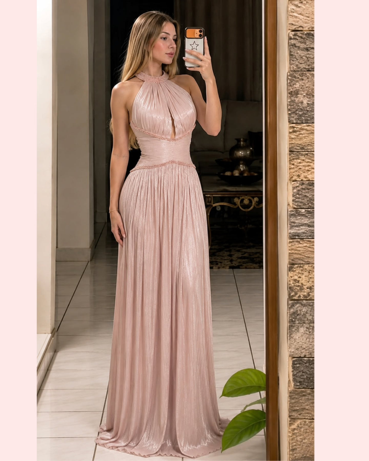 Pleated Halter Maxi Dress with Beaded Trim