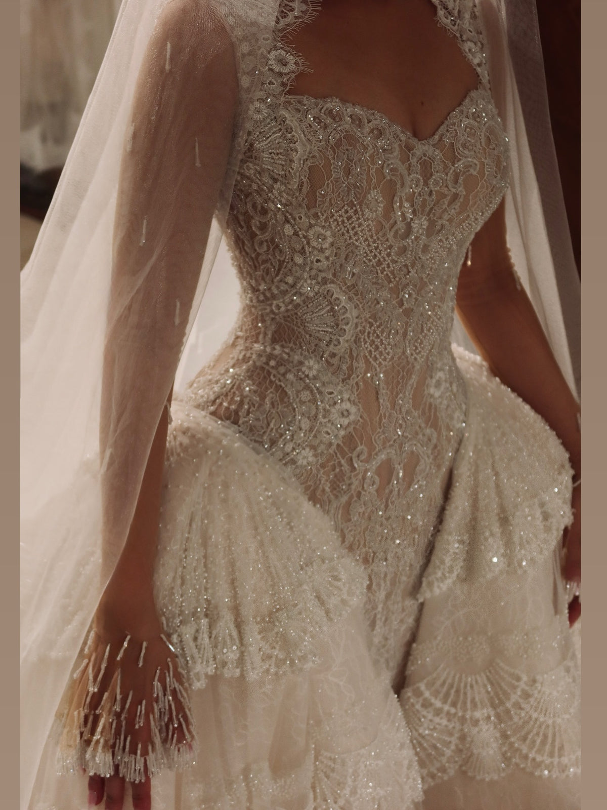 Beaded Lace Ball Gown Wedding Dress with Tiered Skirt