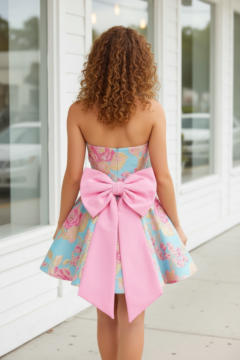 Strapless Floral Jacquard Mini Dress with Back Bow