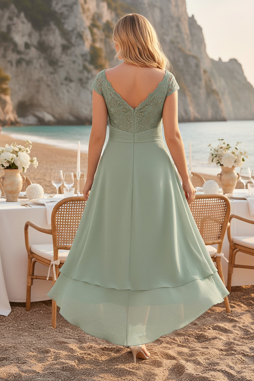 Off-The-Shoulder Lace Chiffon High-Low Dress