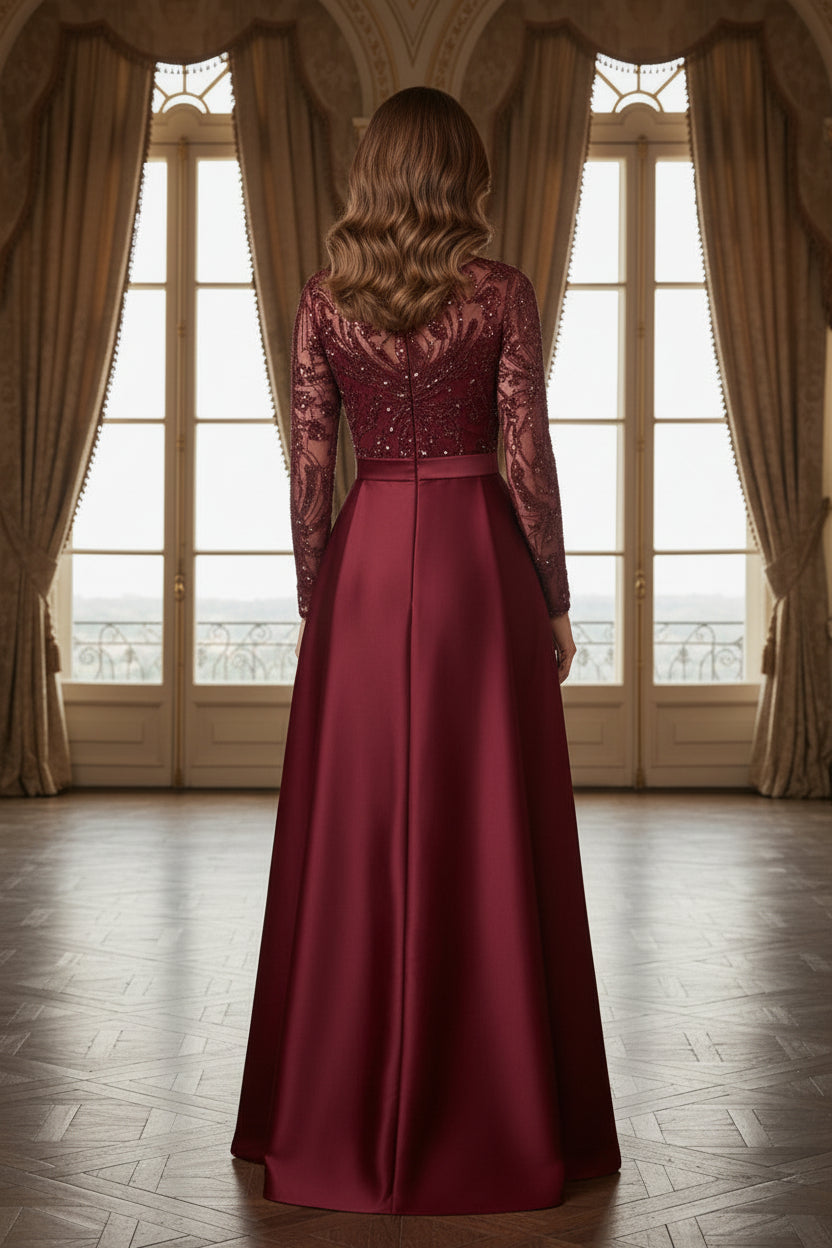 Sequin Sheath Evening Gown with Satin Overskirt