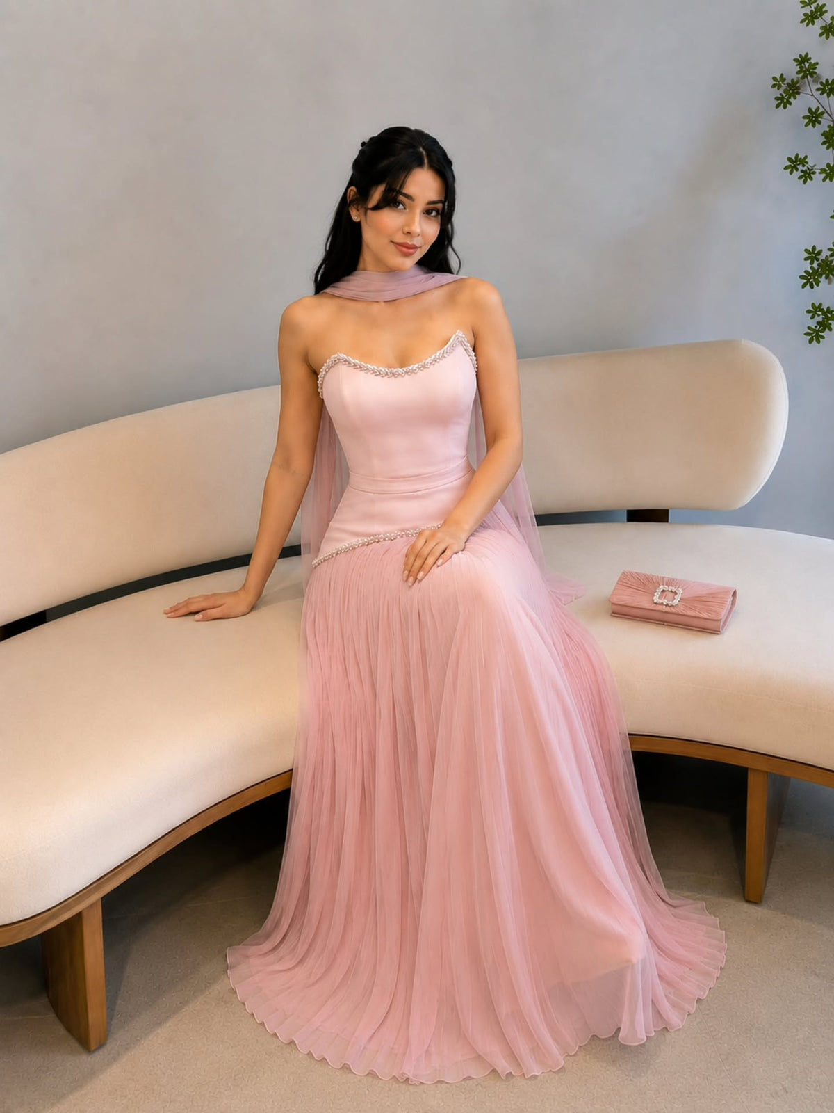 Pearl-Trimmed Strapless Pleated Evening Gown