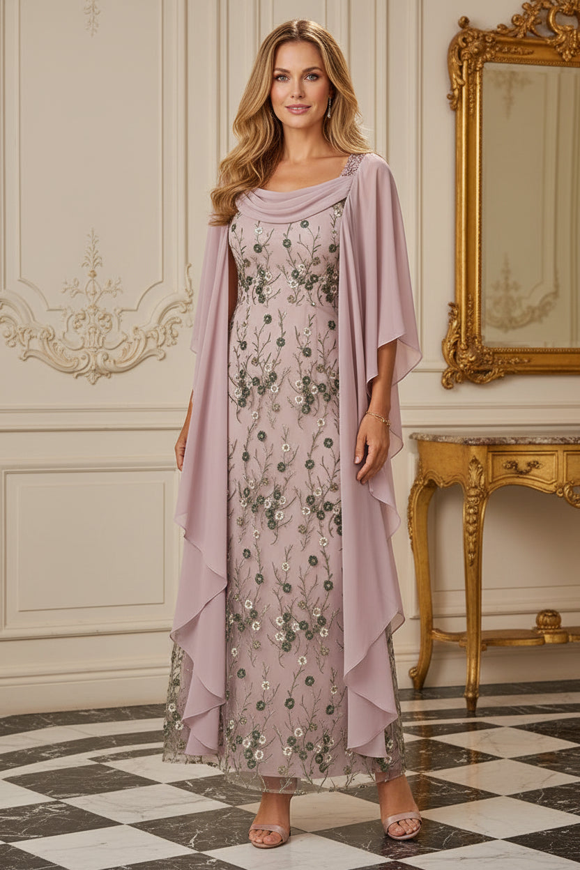 Floral Embroidered Sheath Dress with Chiffon Shawl