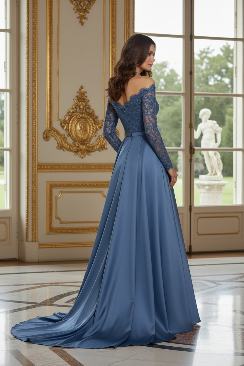 Off-the-Shoulder Lace & Satin A-Line Evening Gown