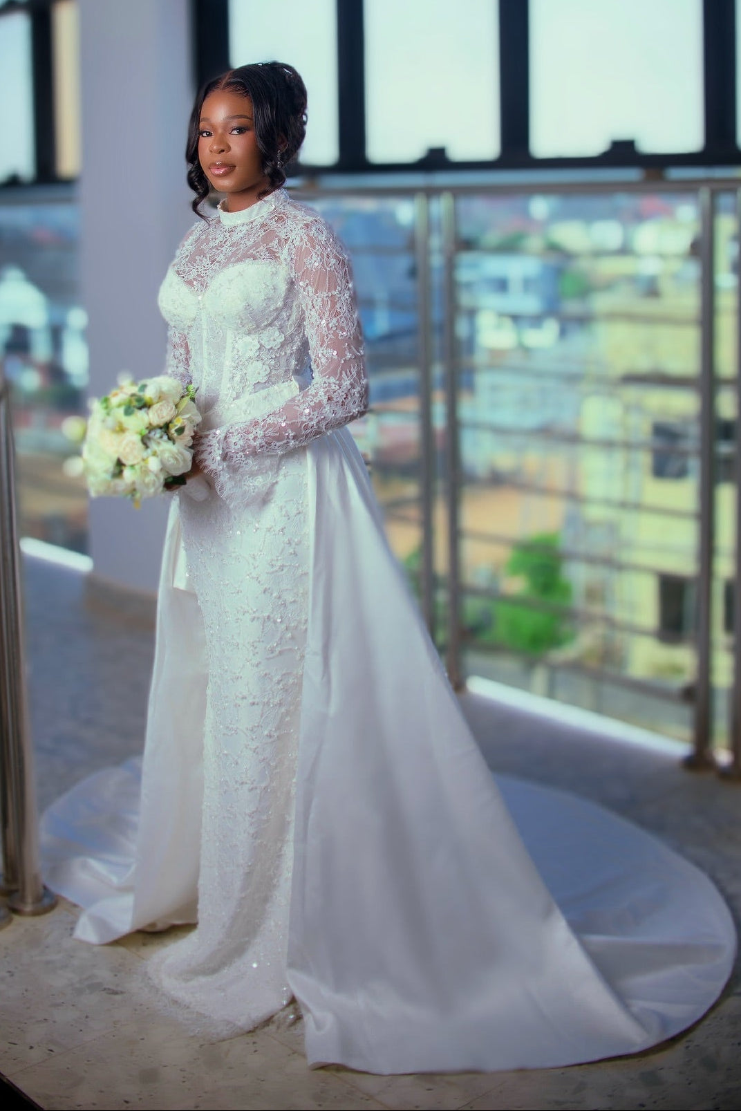 Lace Mock Neck Sheath Wedding Dress with Overskirt