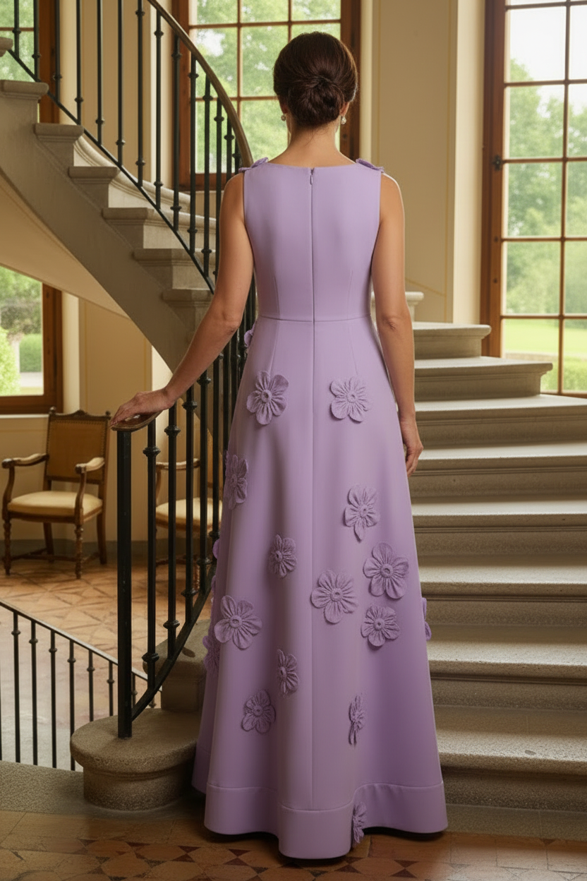 Sleeveless A-Line Maxi Dress with 3D Floral Appliques