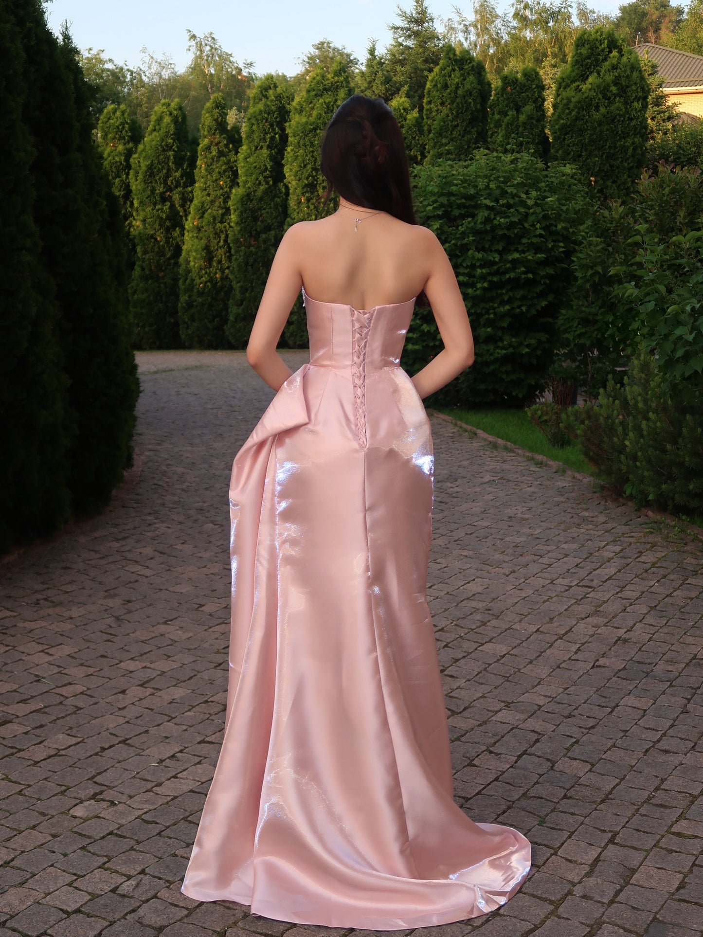 Strapless Satin Corset Evening Gown with Side Draping