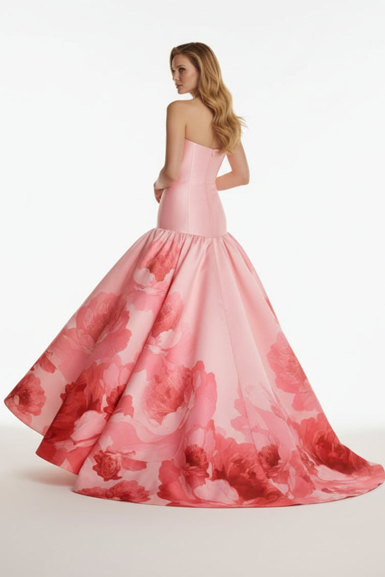 Strapless Floral Print Drop-Waist Ball Gown