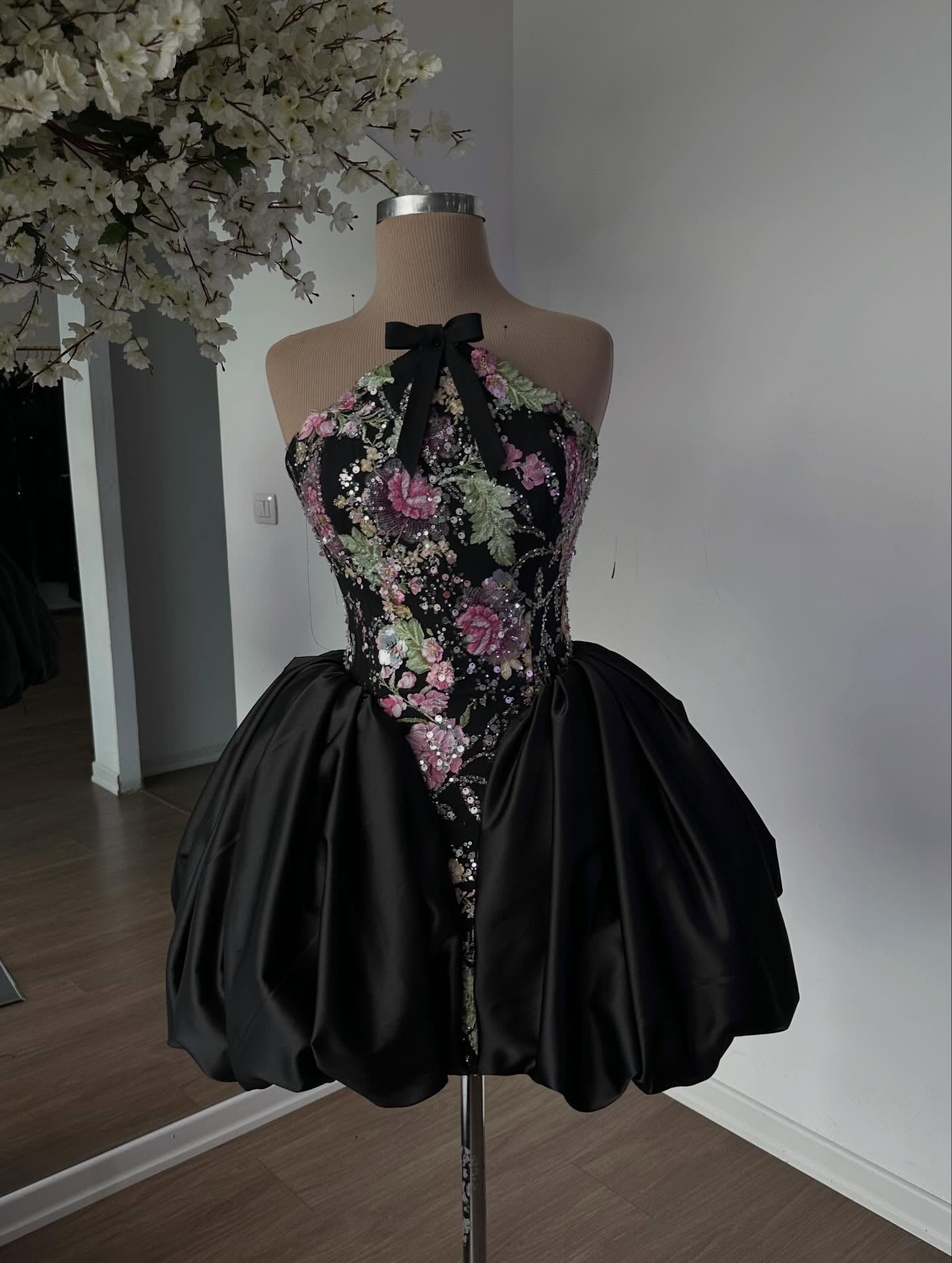 Halter Floral Embroidered Bubble Skirt Mini Dress