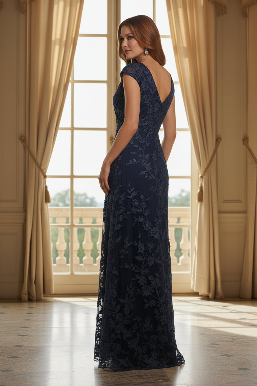 Floral Embroidered V-Neck Evening Gown with Slit