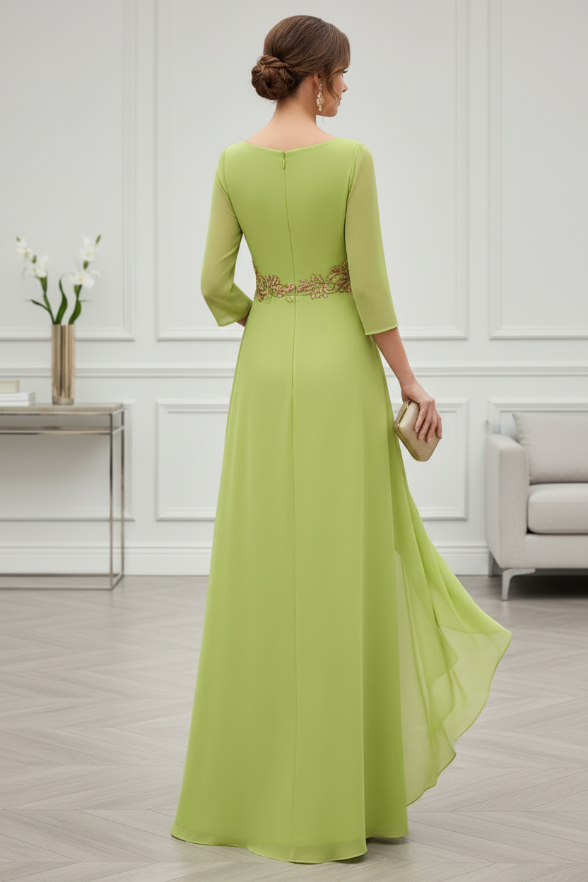 Beaded Waist Pleated Chiffon Evening Gown