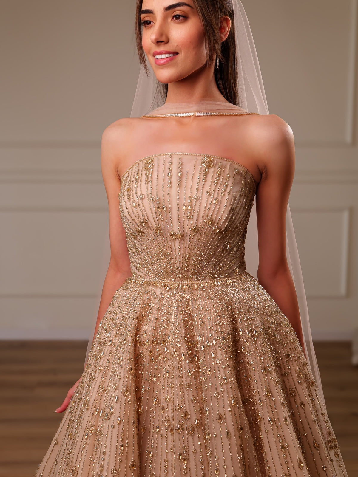 Strapless Beaded Tulle Ball Gown Wedding Dress