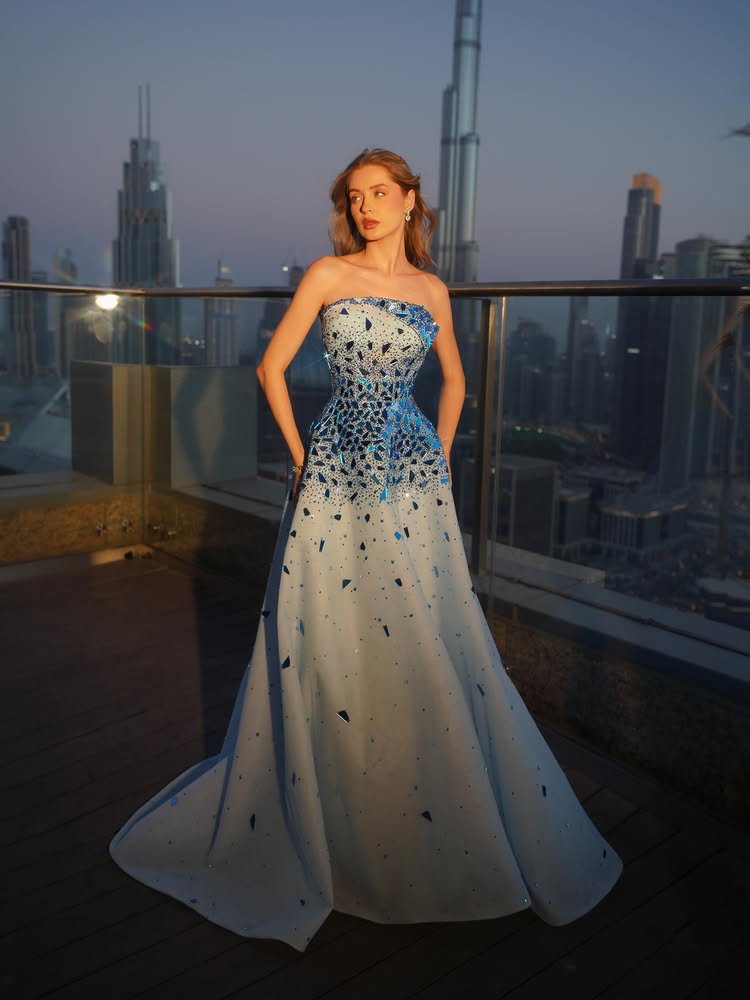 Strapless Crystal Embellished A-Line Evening Gown