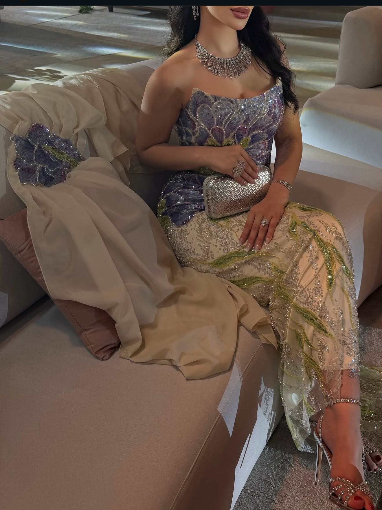 Strapless Sequined Floral Column Gown with Shawl