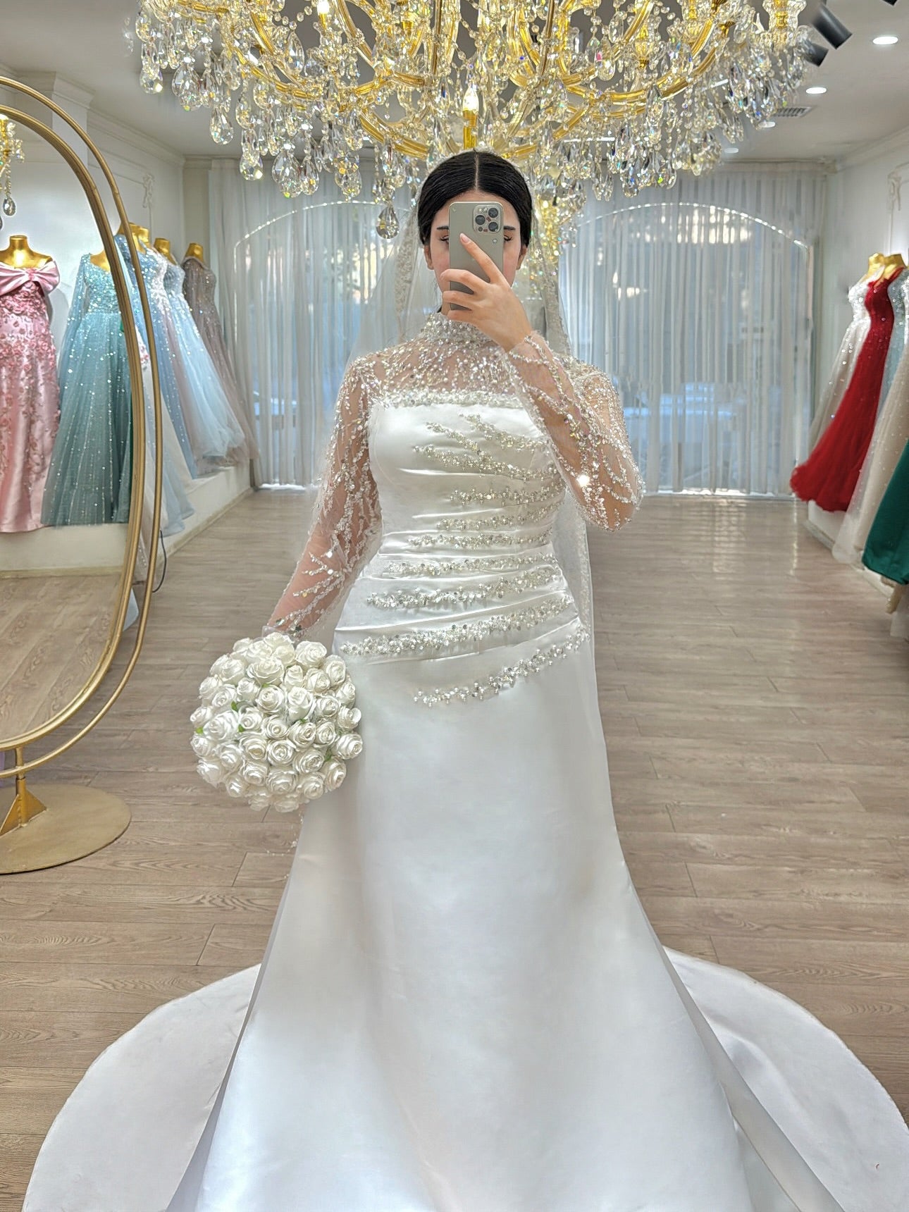 Beaded Illusion Long Sleeve Satin Wedding Gown