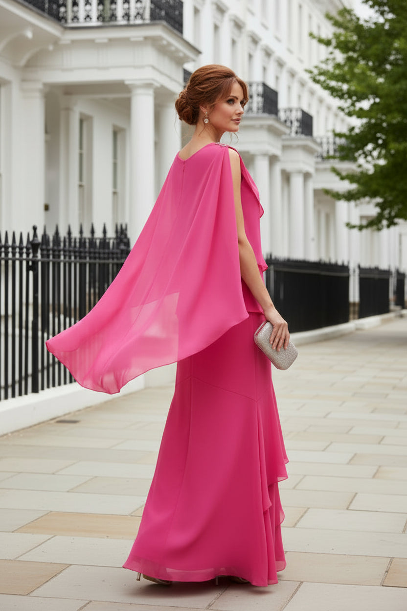 Tiered Chiffon Evening Gown with One-Shoulder Cape