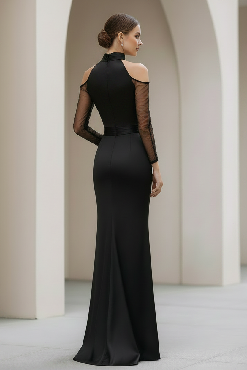 Cold Shoulder Halter Mesh Sleeve Mermaid Maxi Dress