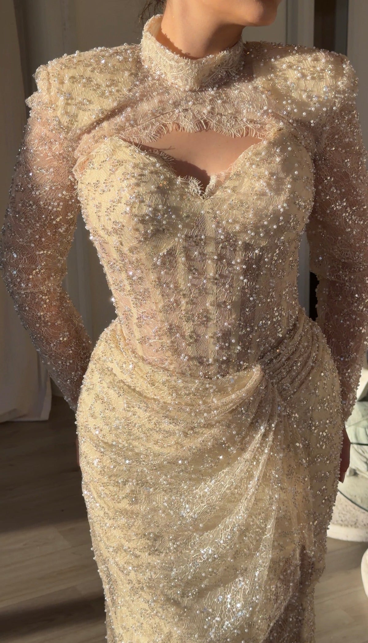 Beaded Cutout High Neck Long Sleeve Evening Gown
