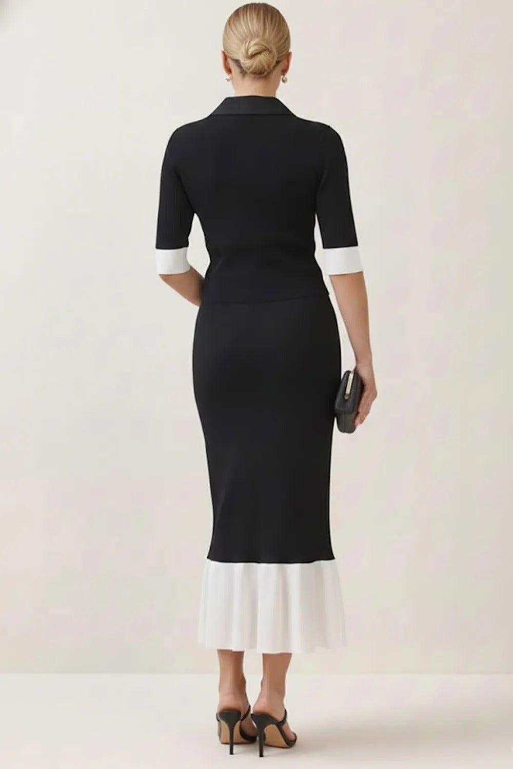 Collared Midi Knit Skirt Set with Contrast Trim