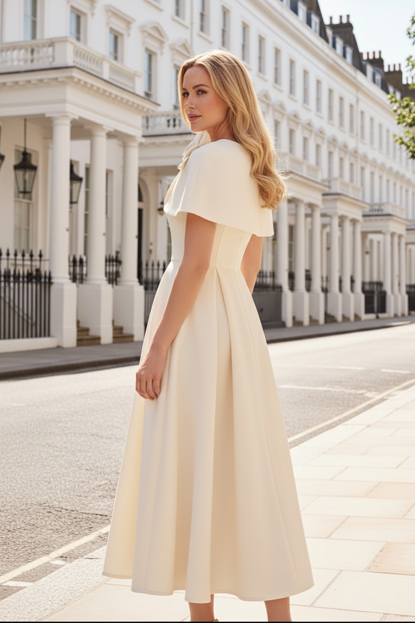 Floral Applique Capelet A-Line Midi Dress