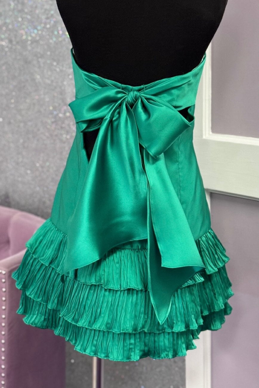 Strapless Tiered Ruffle Mini Dress with Back Bow