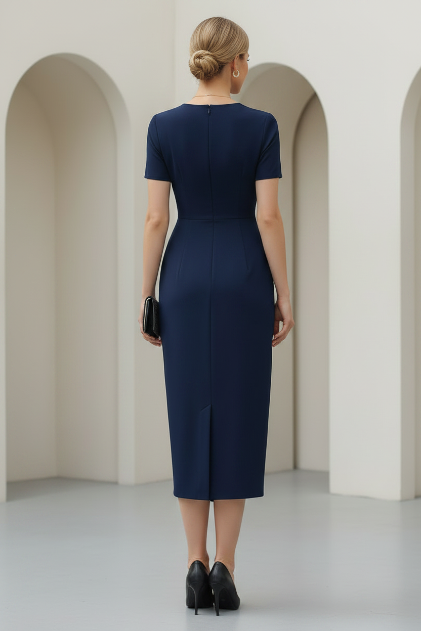 Ruched Wrap V-Neck Midi Dress Short Sleeve