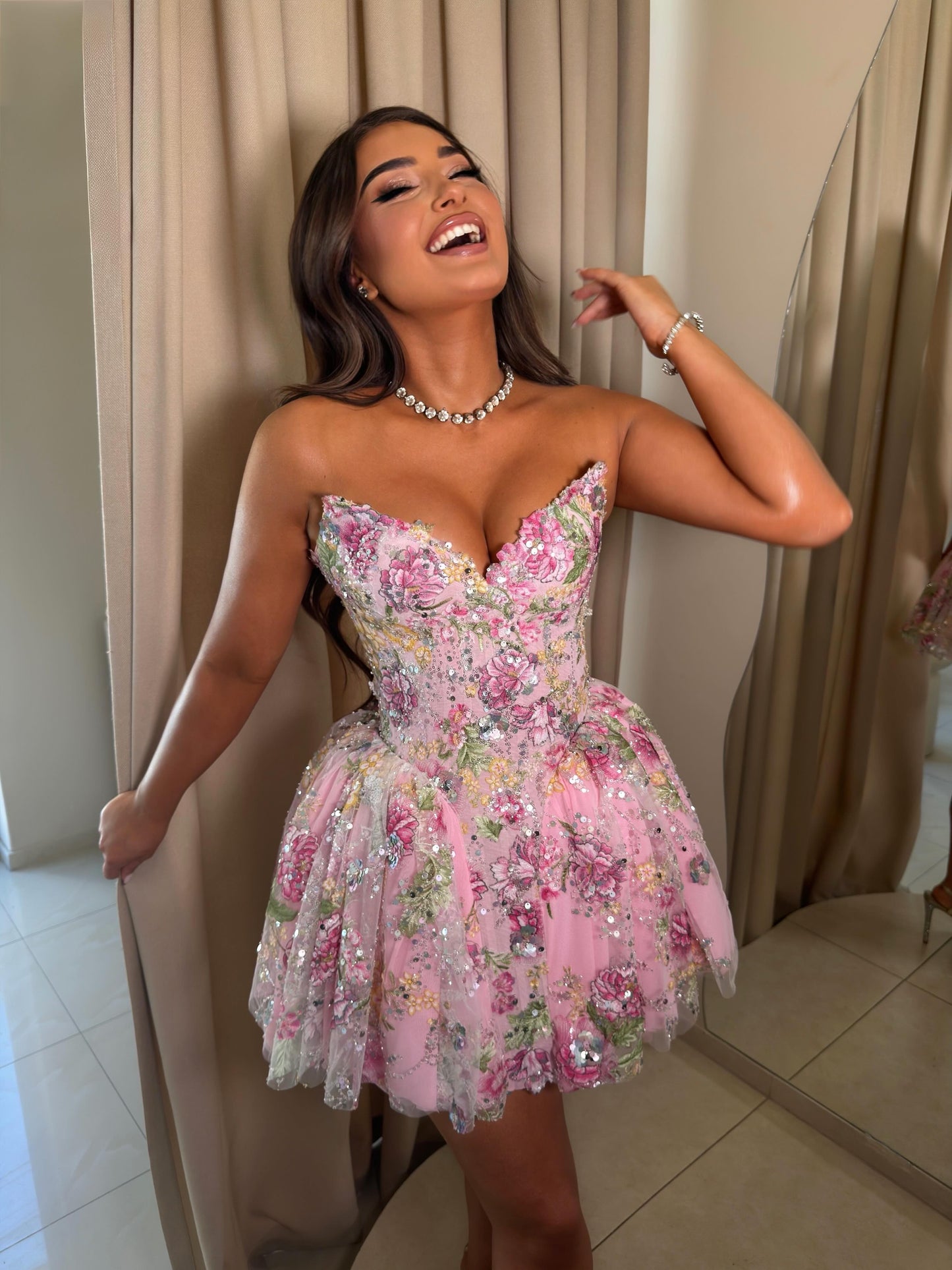 Strapless Floral Embroidered Mini Corset Dress