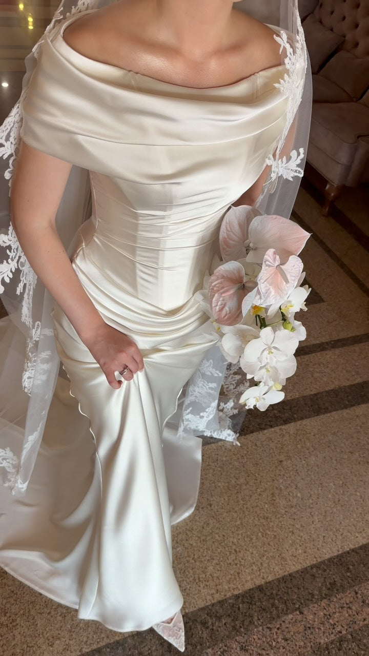 Off-the-Shoulder Ruched Corset Satin Wedding Dress