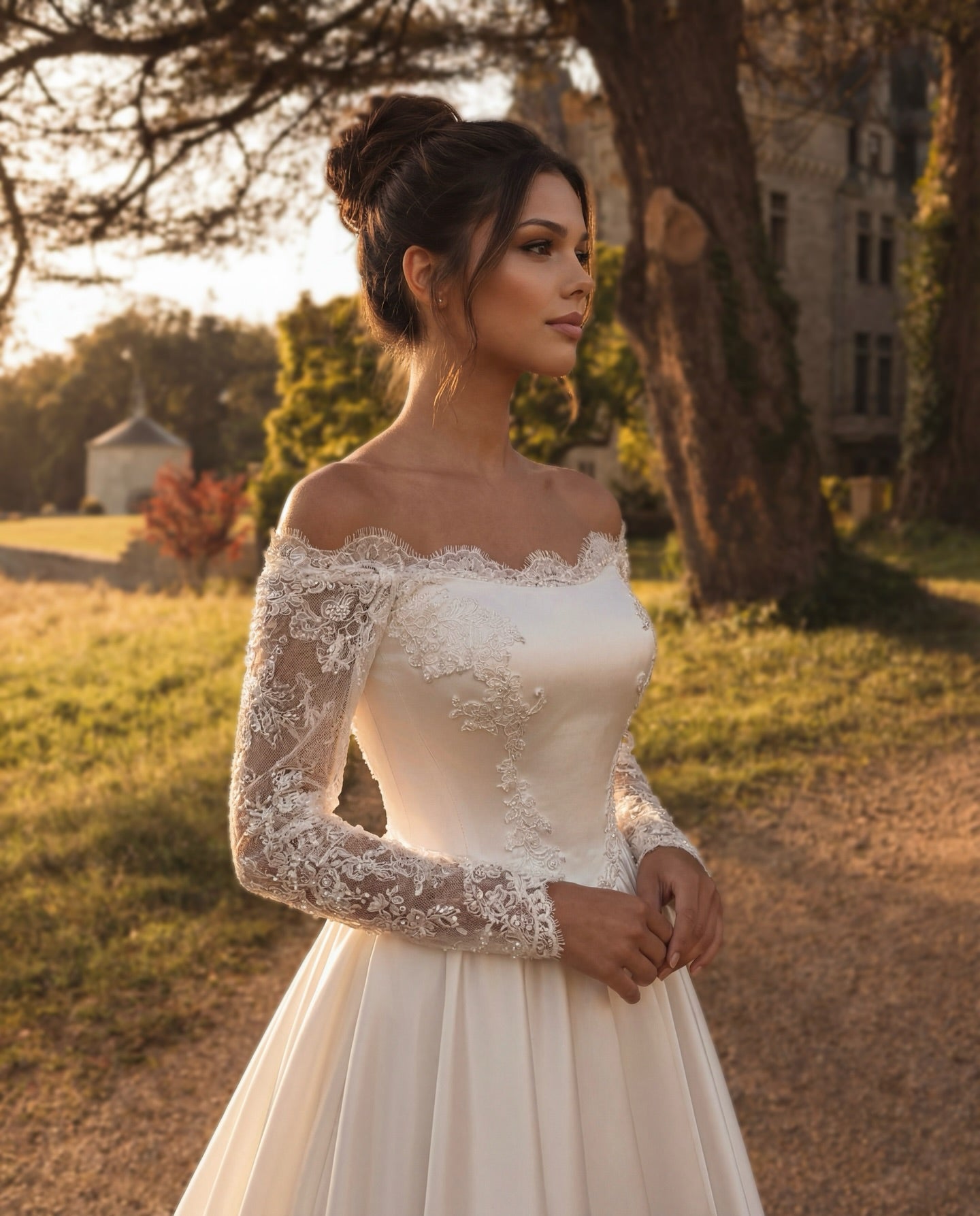 Off-Shoulder Lace Sleeve A-Line Wedding Dress