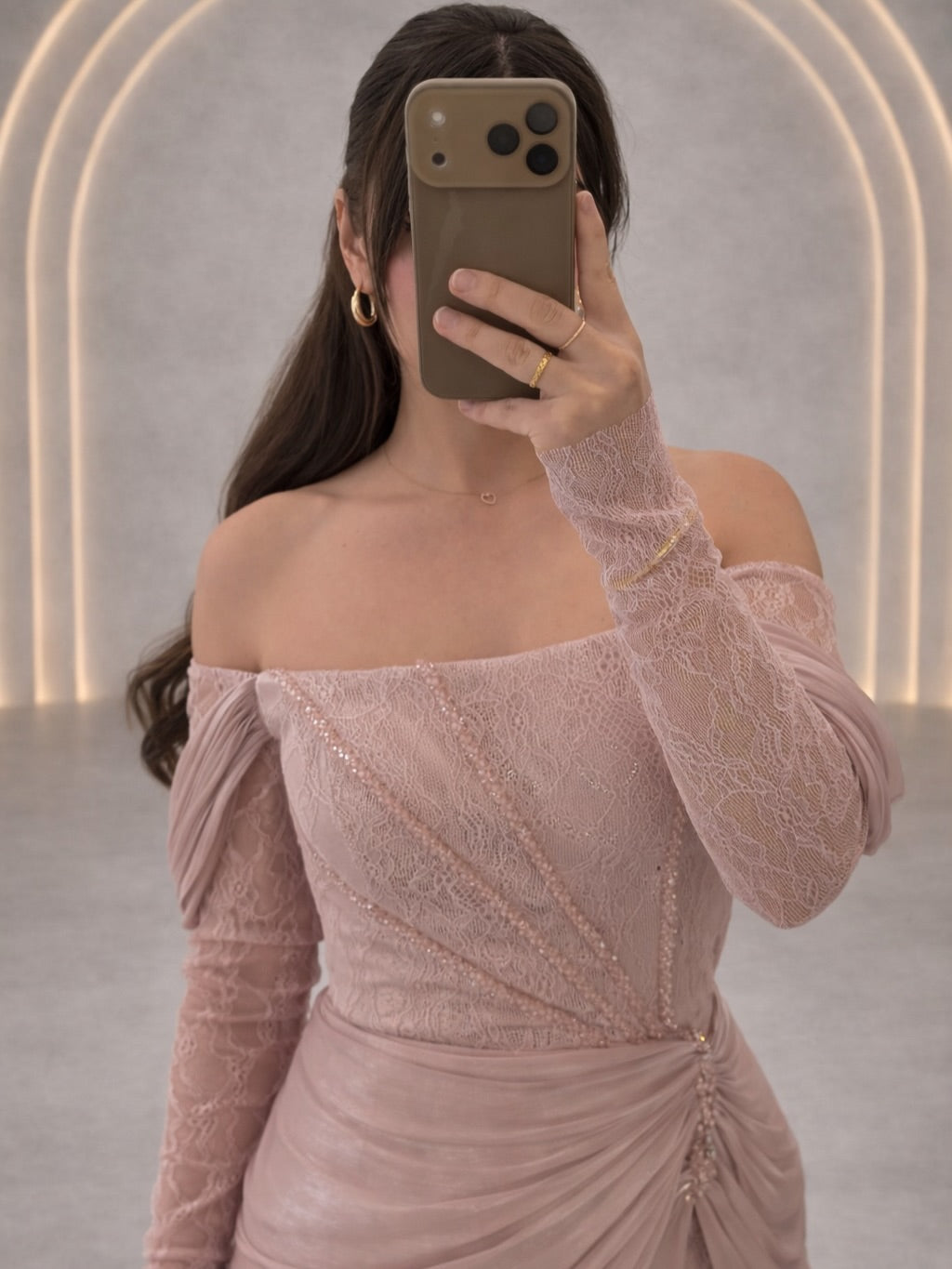Off-Shoulder Lace Draped Evening Gown