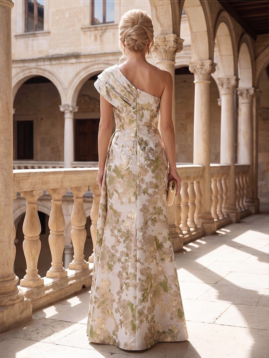 Asymmetrical One-Shoulder Floral Jacquard Gown