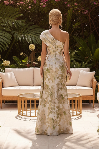 Asymmetrical One-Shoulder Floral Jacquard Gown
