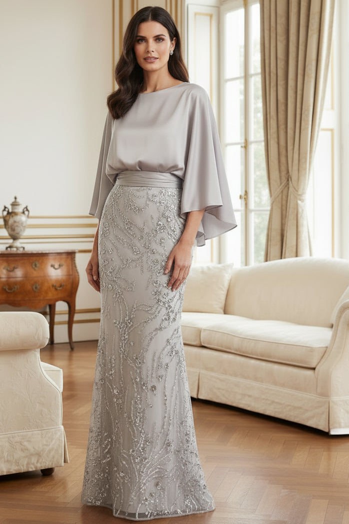 Batwing Sleeve Sequin Floor-Length Evening Dress