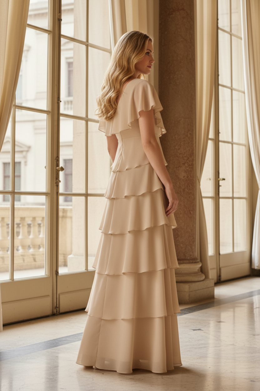 Tiered Floor-Length Gown with Flutter Sleeves