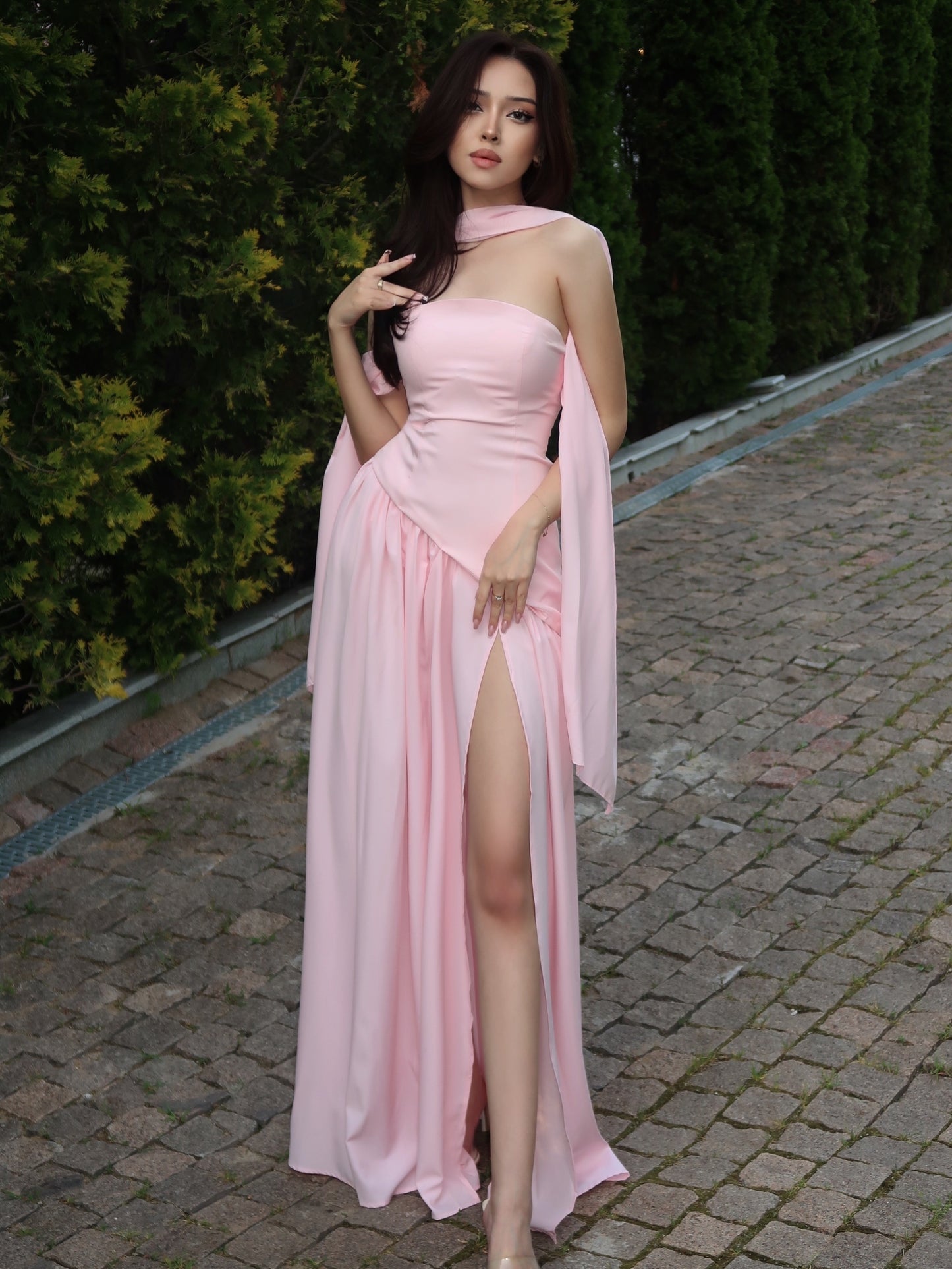 Strapless Corset A-Line Gown with Scarf