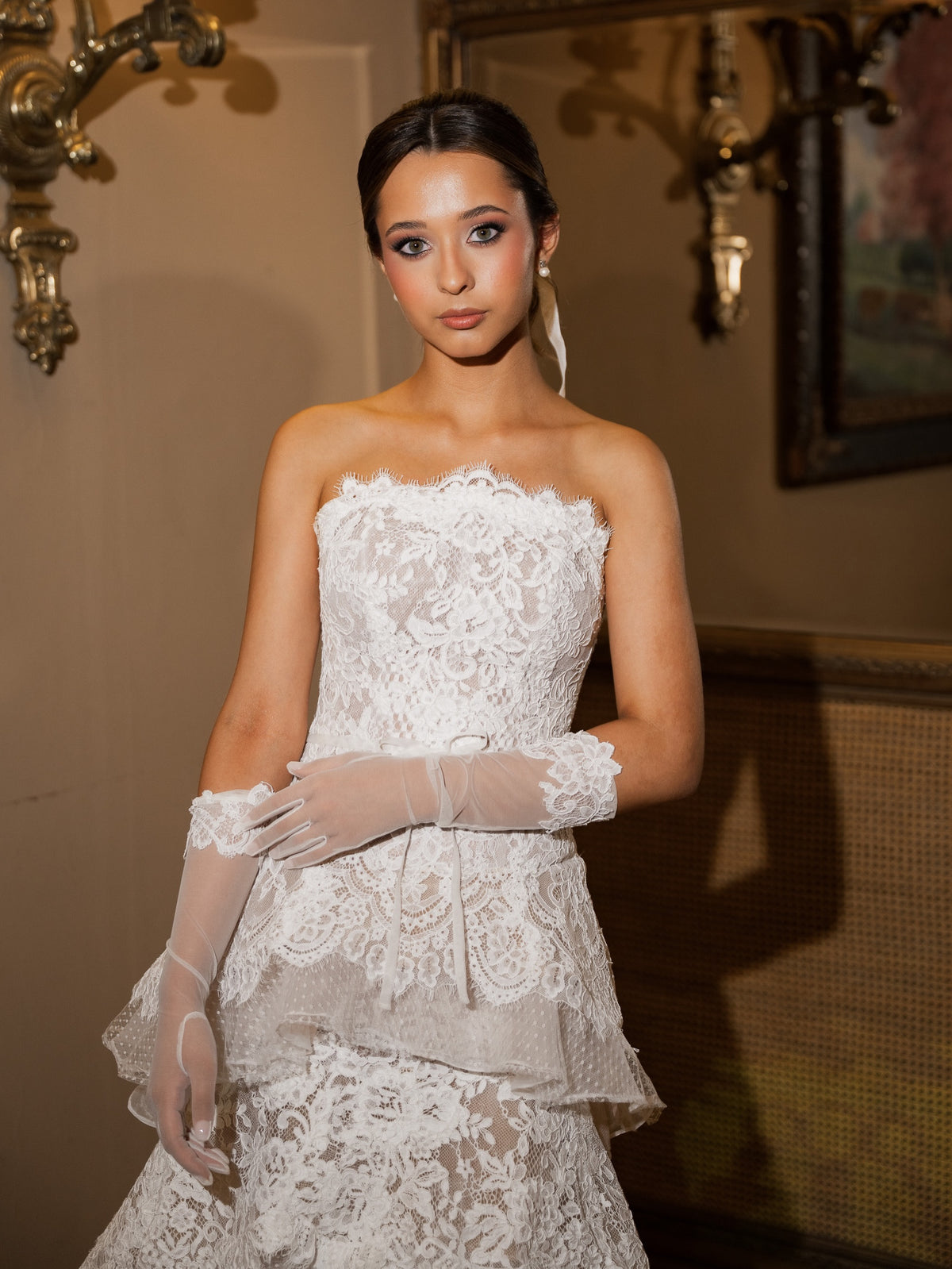 Strapless Tiered Lace Floor-Length Wedding Dress