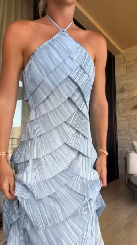Tiered Pleated Halter Gown with Open Back