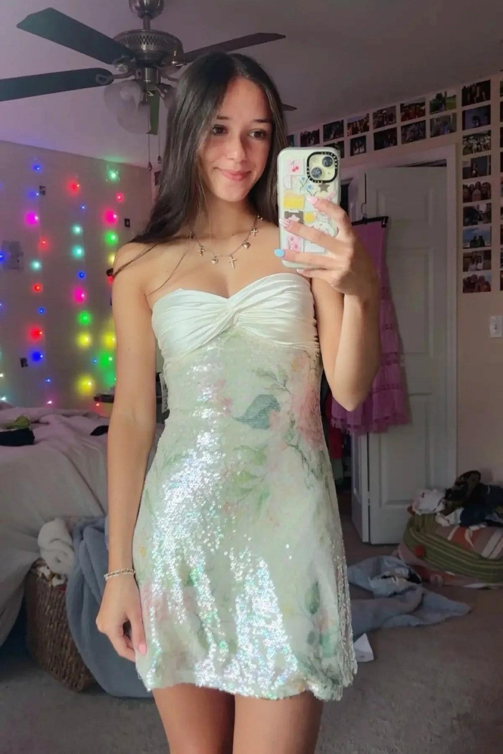 Strapless Sequin Floral Mini Dress with Bow Back