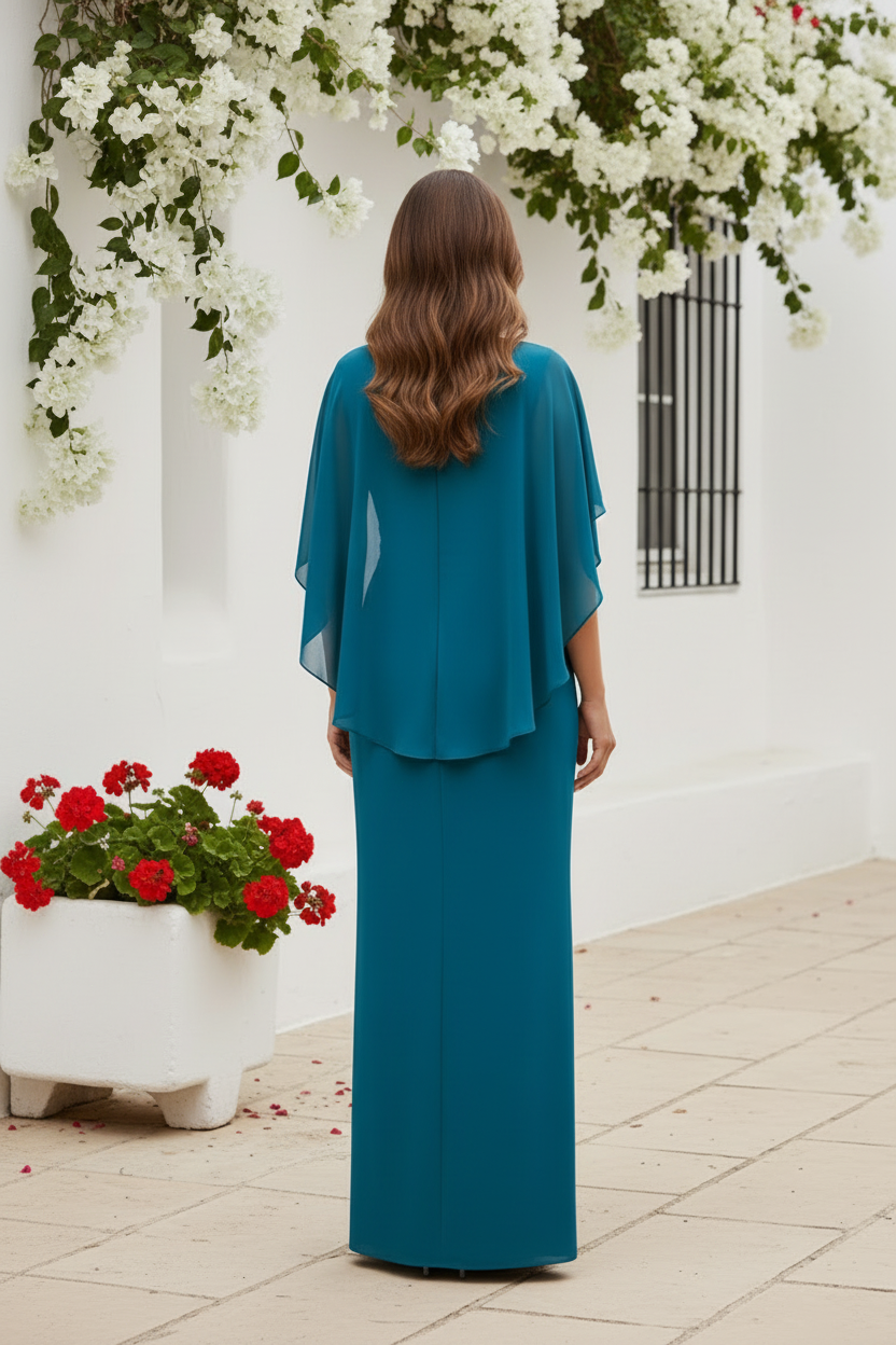 Ruched Sheath Gown with Chiffon Cape Overlay
