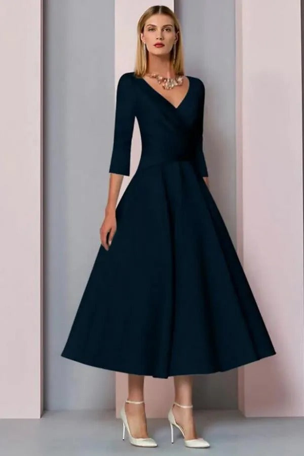 Pleated V-Neck 3/4 Sleeve Tea-Length A-Line Dress