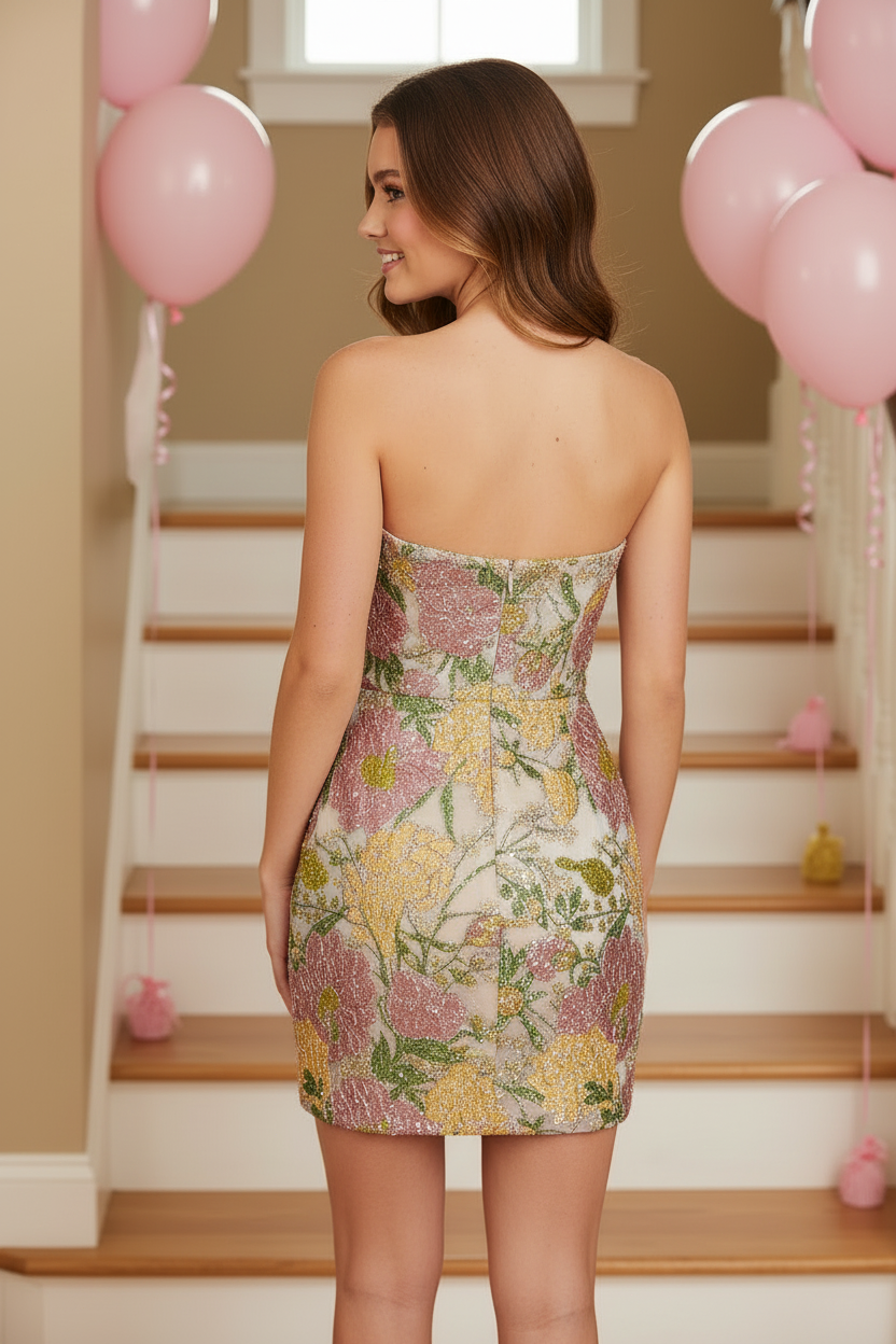 Strapless Metallic Jacquard Floral Mini Dress
