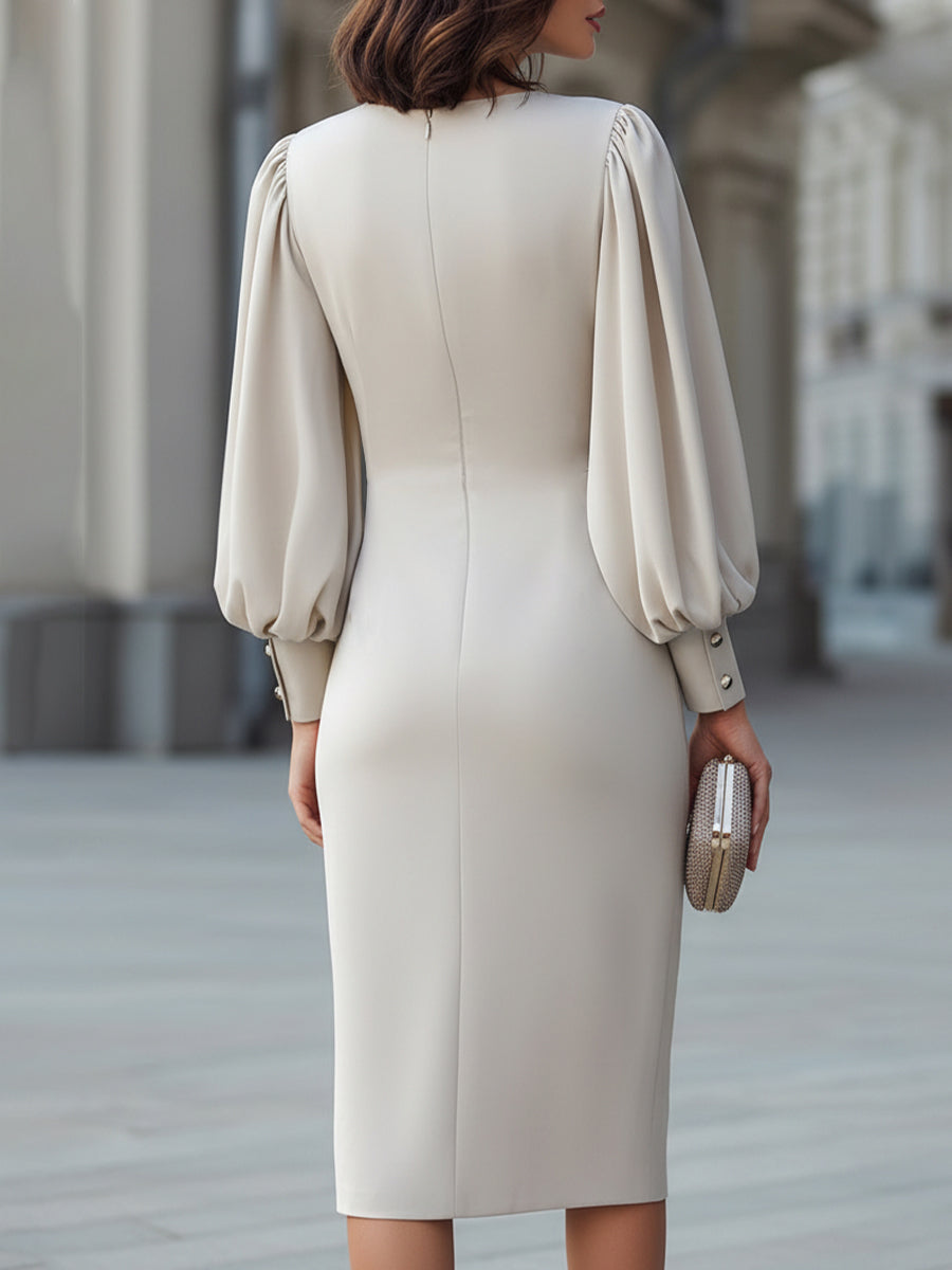 Ruched Waist Bishop Sleeve Midi Sheath Dress