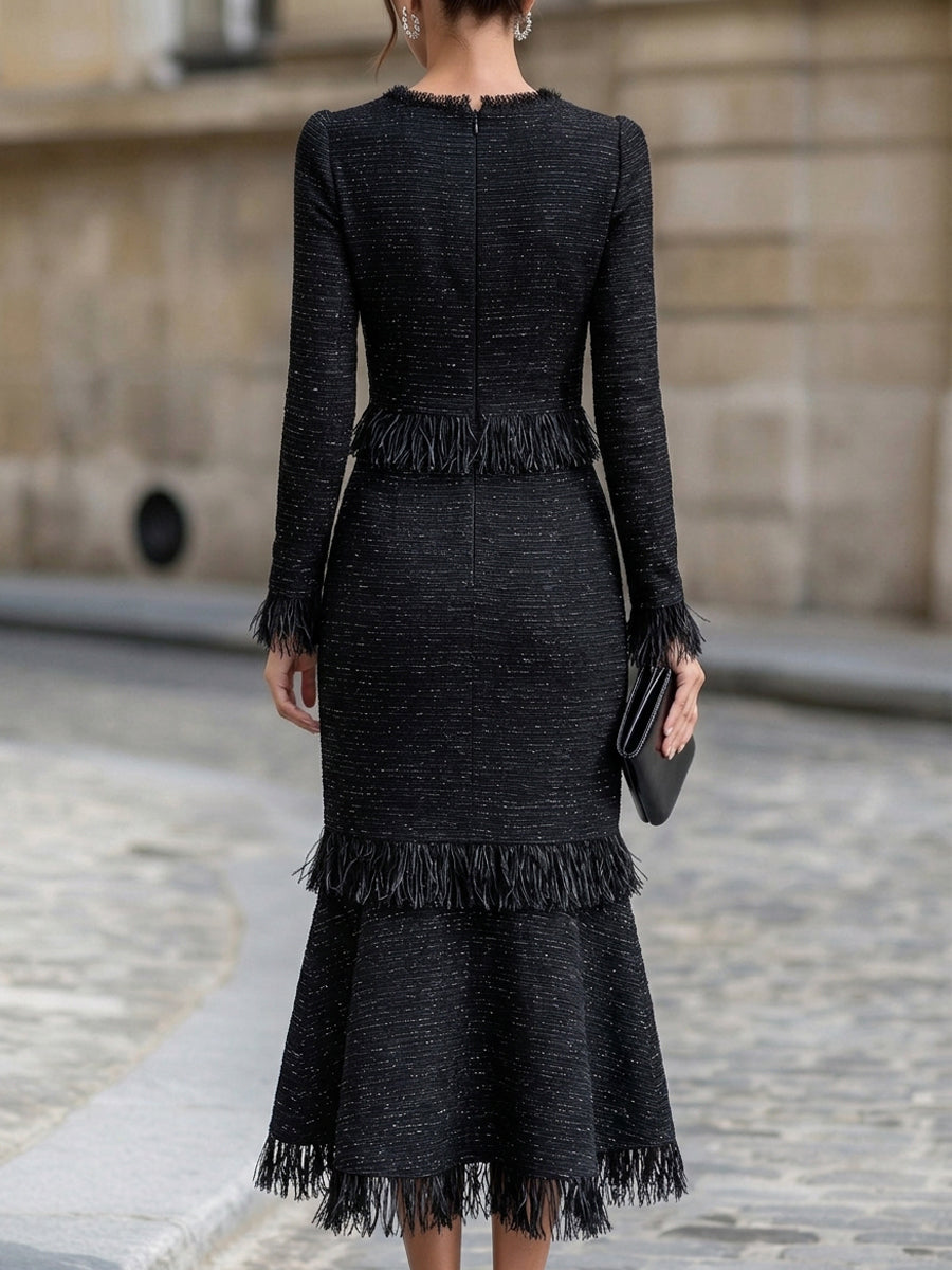 Fringe Trim Long Sleeve Trumpet Midi Dress
