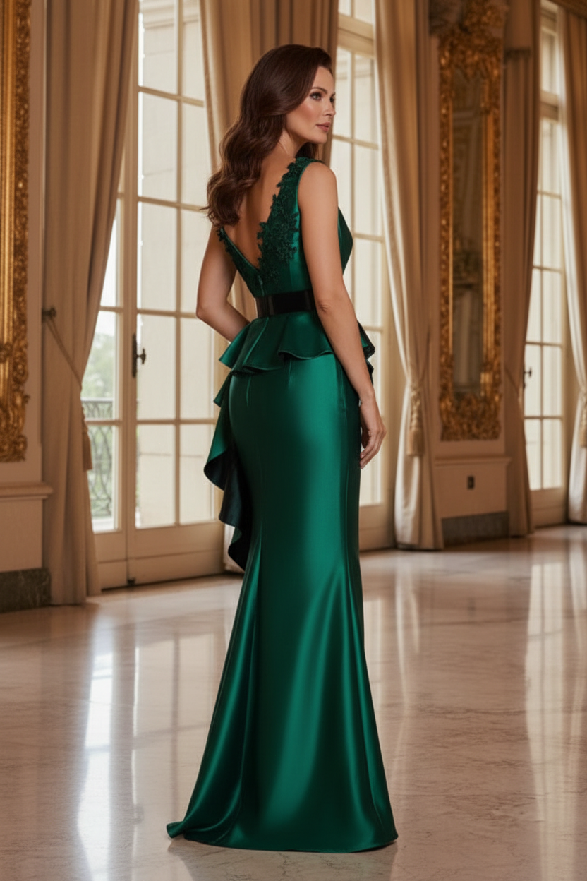 Asymmetrical Peplum Evening Gown with Appliqué
