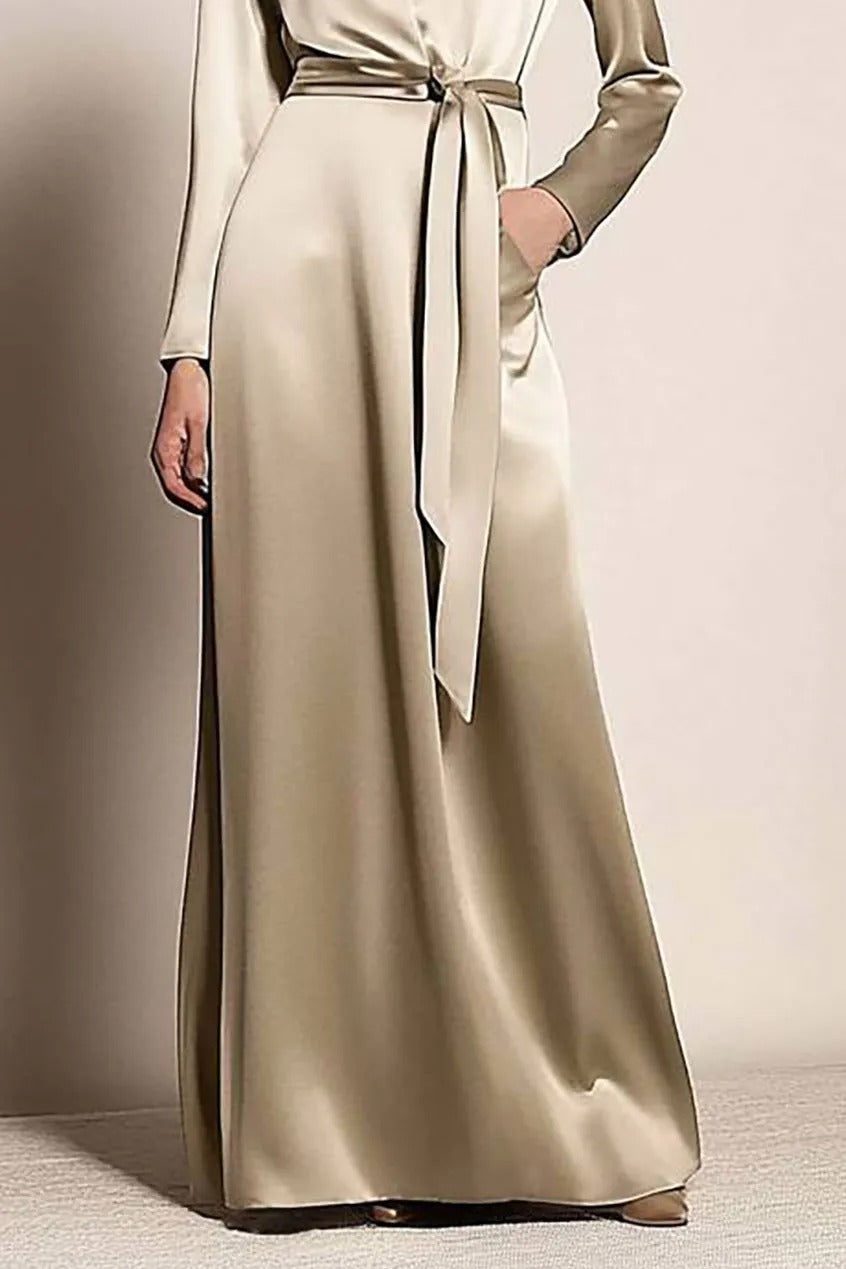 Long Sleeve Satin Wrap Gown with Collar