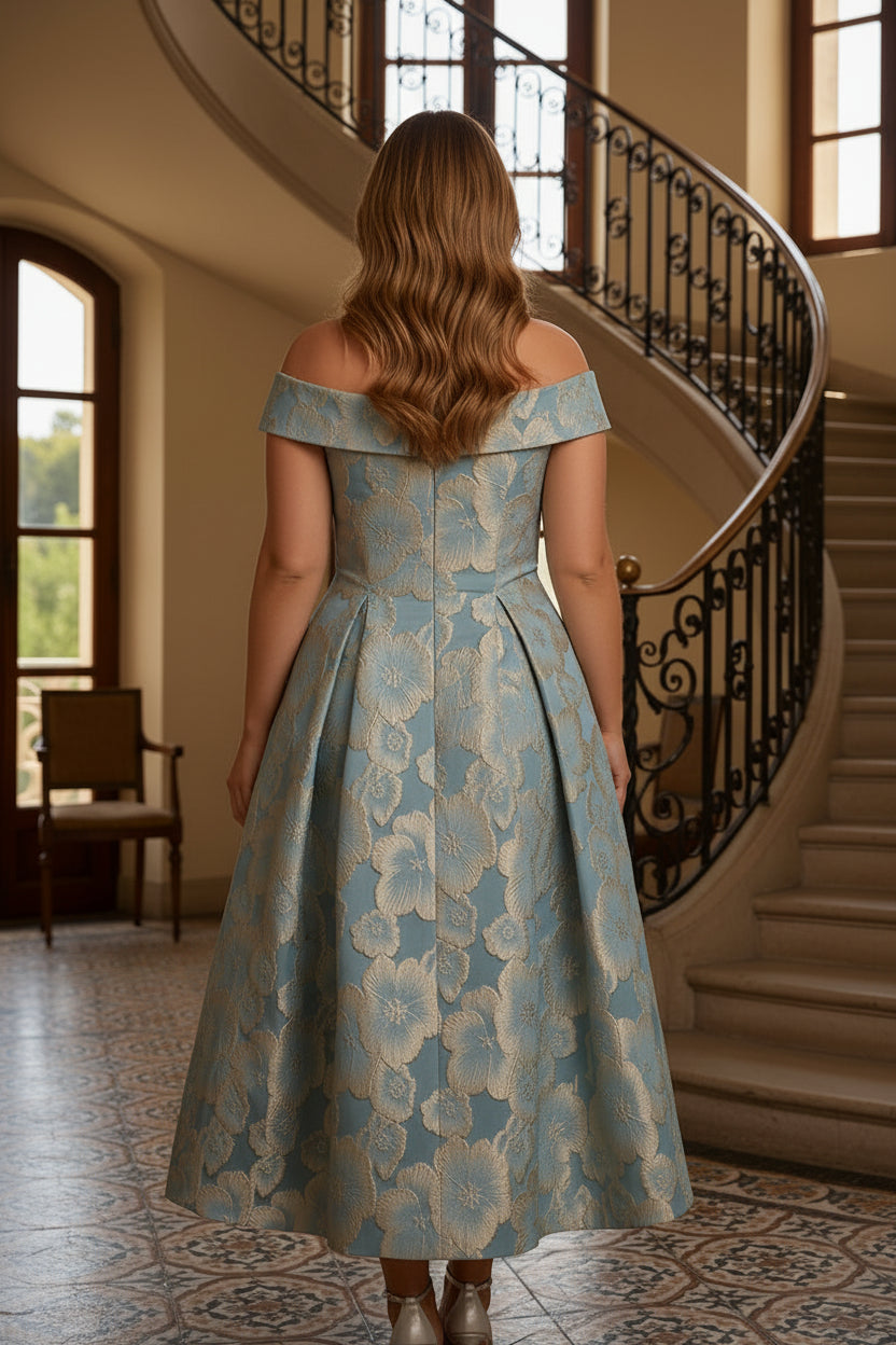 Off-the-Shoulder Floral Jacquard Midi Dress